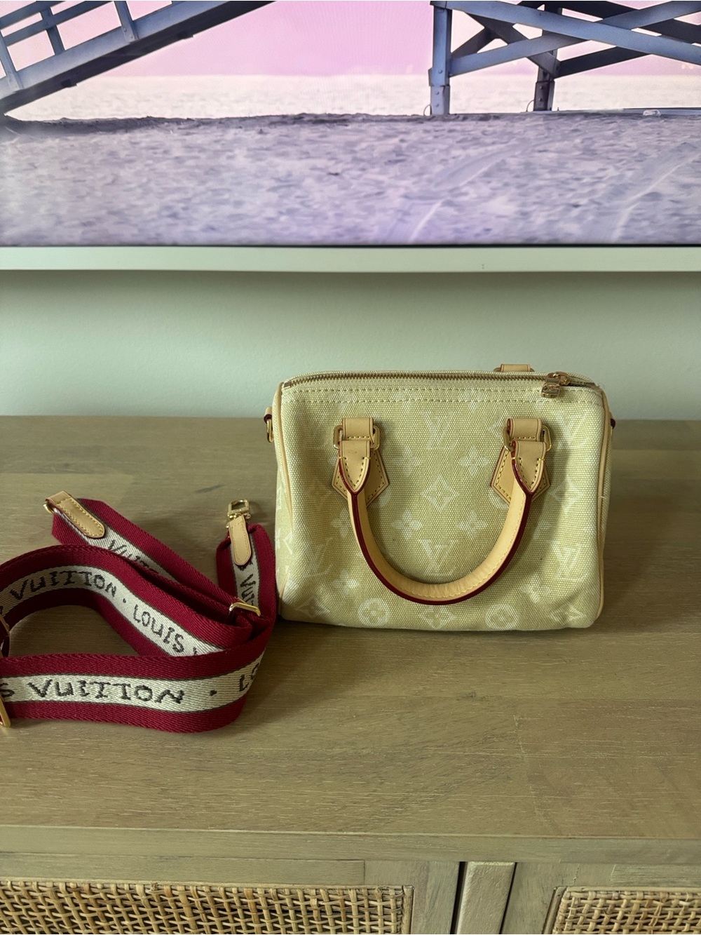 Louis Vuitton Cream Monogram Mini Bag with Red Strap